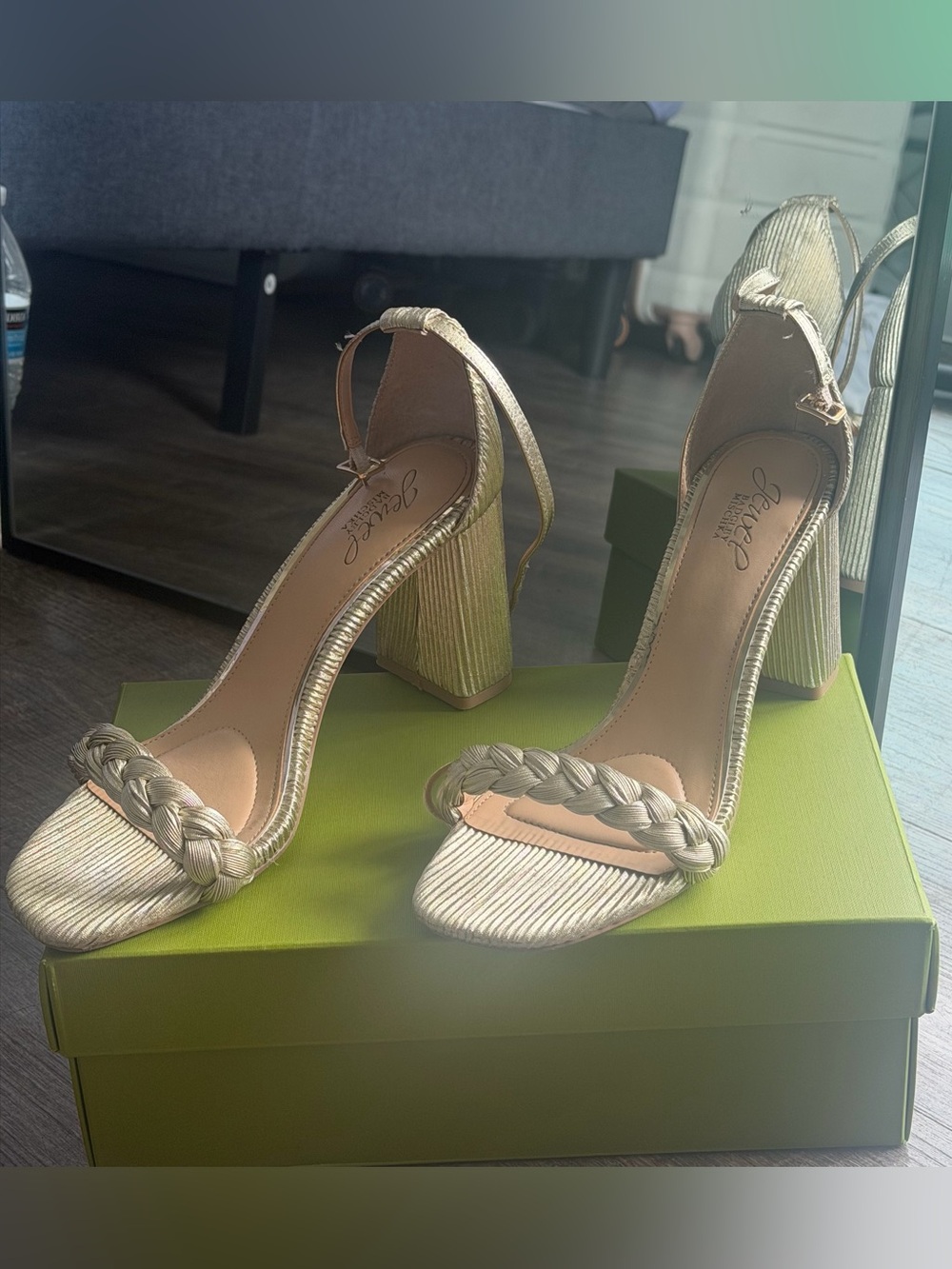 Badgley Mischka Braided Ankle-Strap Heels in Metallic Gold